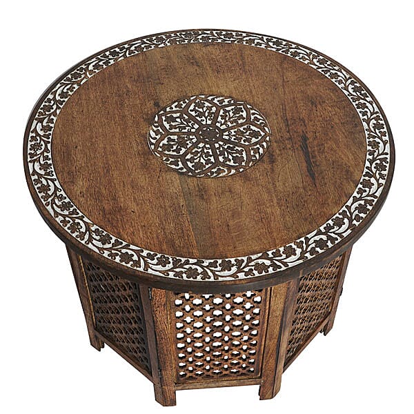 NAKKASHI - Hand Carved Solid Mango Wood Round Table in Natural Finish (Size 51x68 Cm) with Jali Knock Down Stand- Dark Brown