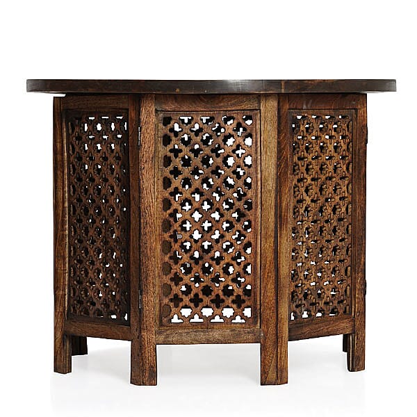 NAKKASHI - Hand Carved Solid Mango Wood Round Table in Natural Finish (Size 51x68 Cm) with Jali Knock Down Stand- Dark Brown