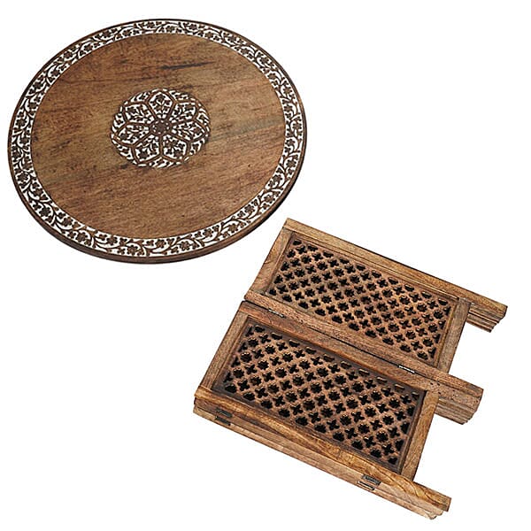 NAKKASHI - Hand Carved Solid Mango Wood Round Table in Natural Finish (Size 51x68 Cm) with Jali Knock Down Stand- Dark Brown