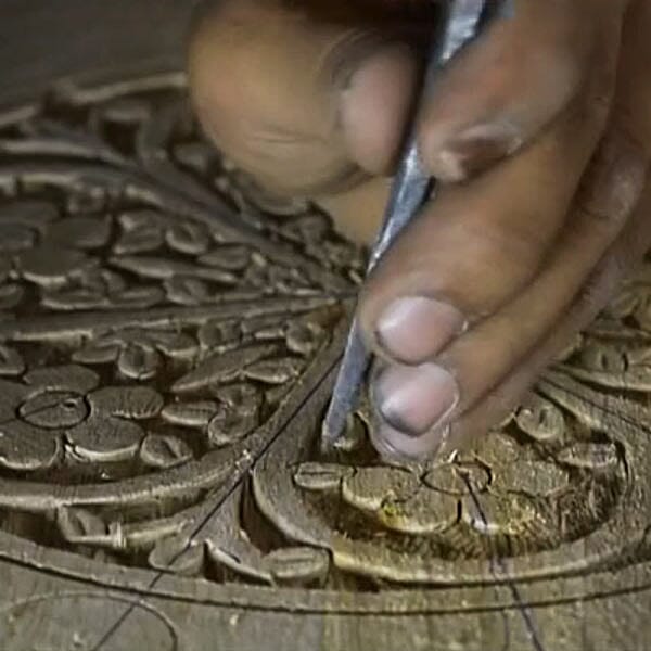 NAKKASHI - Hand Carved Solid Mango Wood Round Table in Natural Finish (Size 51x68 Cm) with Jali Knock Down Stand- Dark Brown