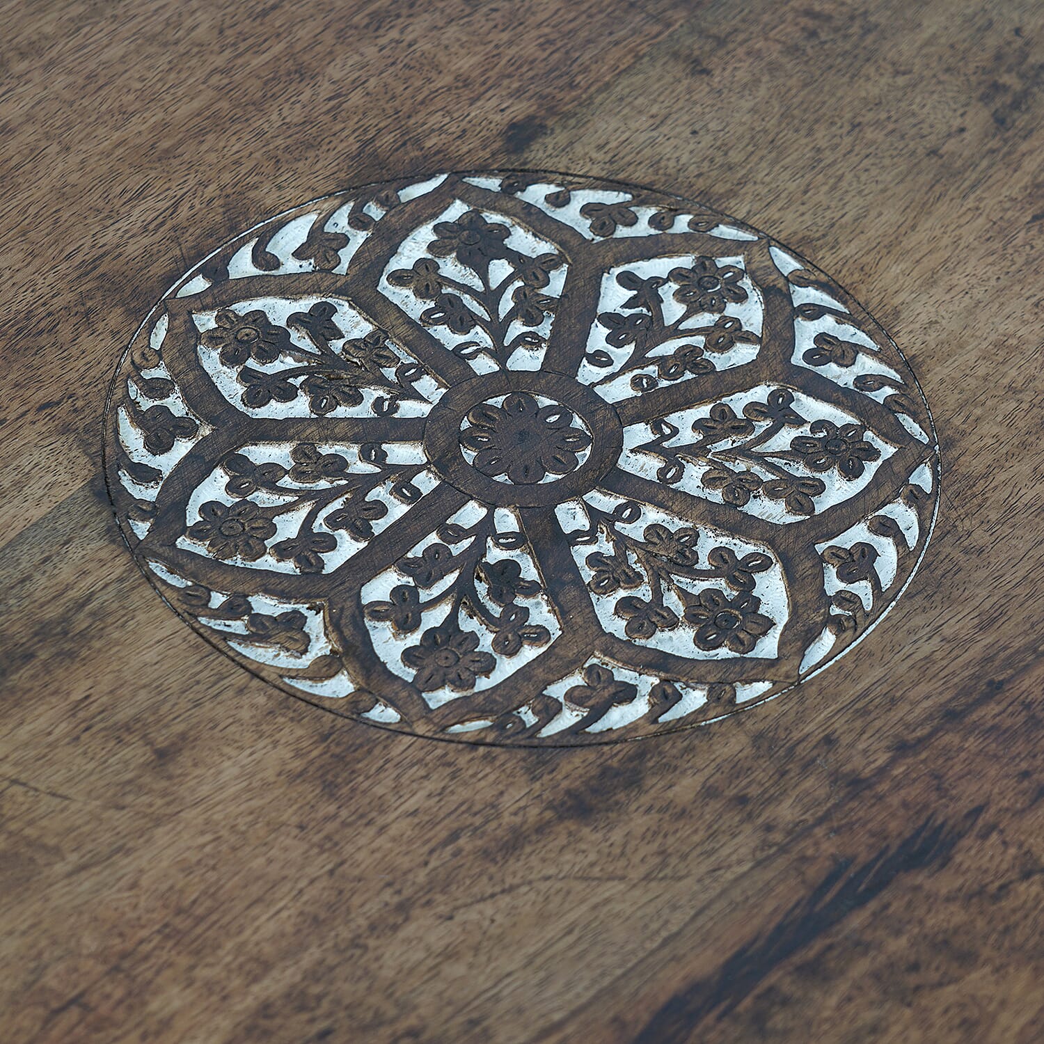 NAKKASHI - Hand Carved Solid Mango Wood Round Table in Natural Finish (Size 51x68 Cm) with Jali Knock Down Stand- Dark Brown