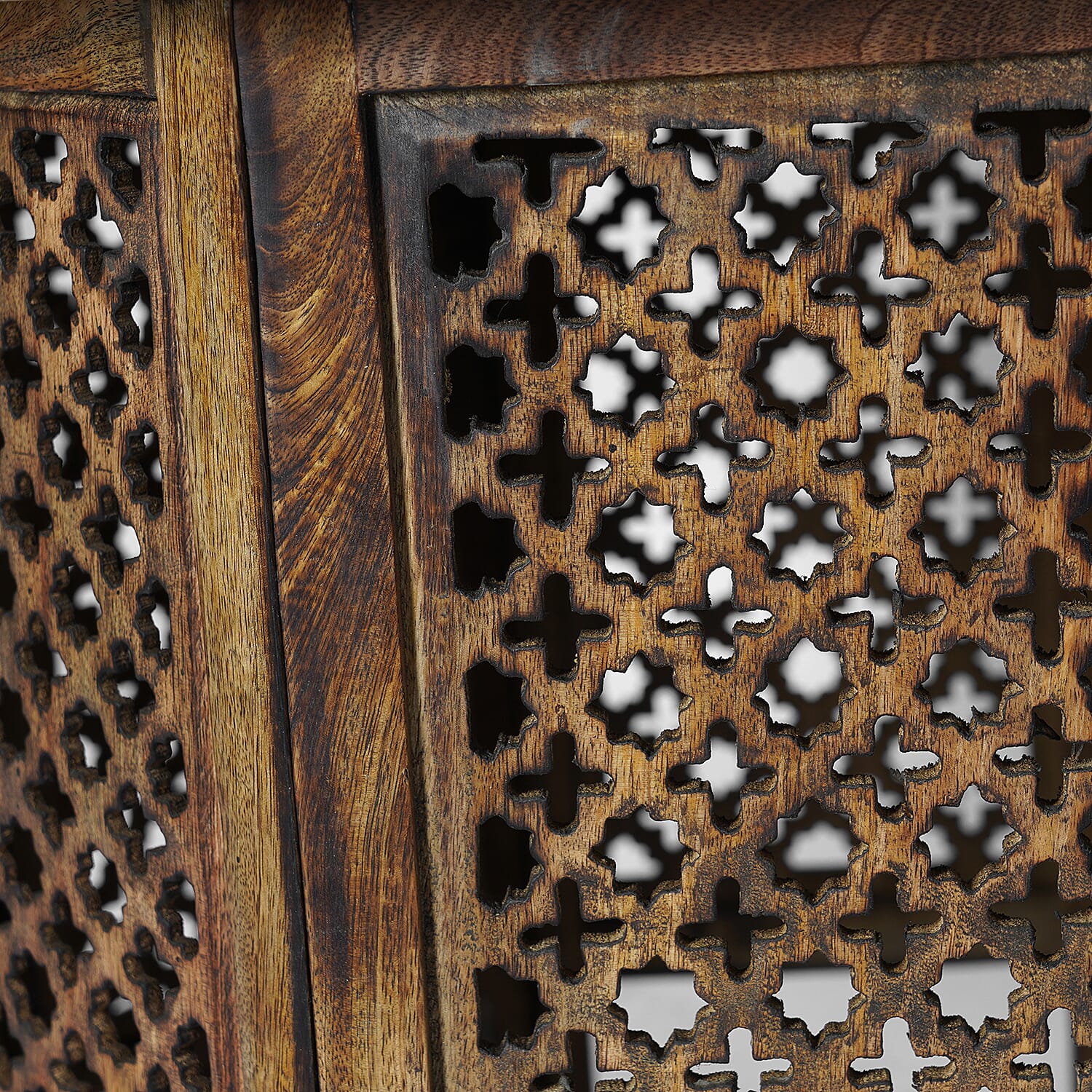 NAKKASHI - Hand Carved Solid Mango Wood Round Table in Natural Finish (Size 51x68 Cm) with Jali Knock Down Stand- Dark Brown