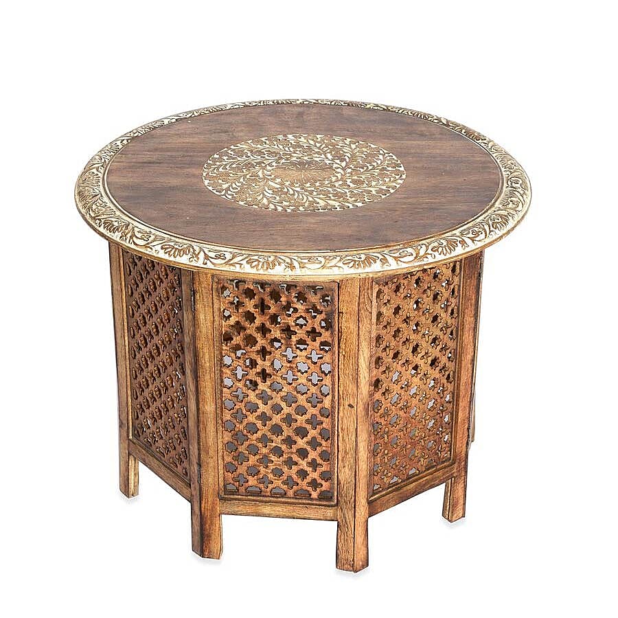 NAKKASHI - Hand Carved Solid Mango Wood Round Table in Natural Finish (Size 51x68 Cm) with Jali Knock Down Stand- Light Brown