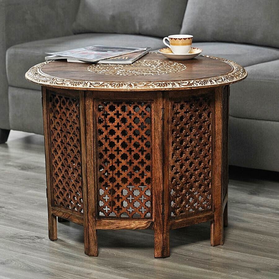 NAKKASHI - Hand Carved Solid Mango Wood Round Table in Natural Finish (Size 51x68 Cm) with Jali Knock Down Stand- Light Brown