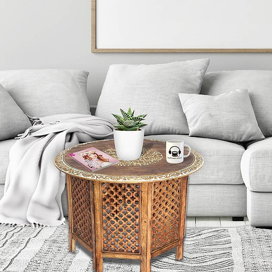 NAKKASHI - Hand Carved Solid Mango Wood Round Table in Natural Finish (Size 51x68 Cm) with Jali Knock Down Stand- Light Brown
