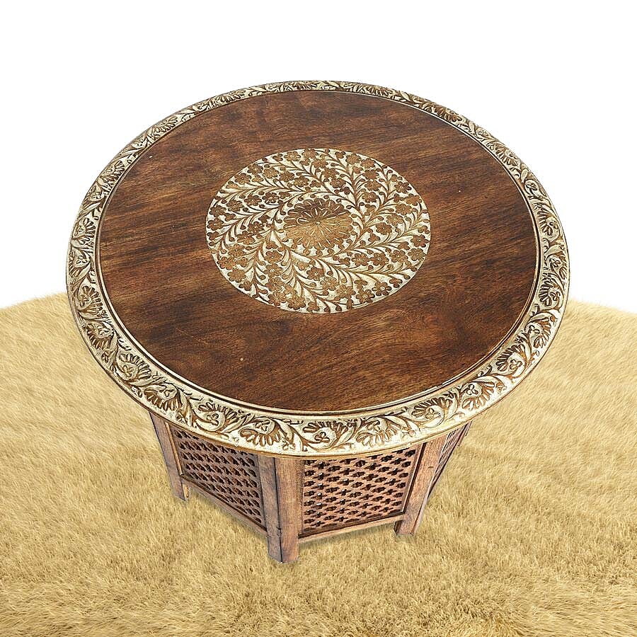 NAKKASHI - Hand Carved Solid Mango Wood Round Table in Natural Finish (Size 51x68 Cm) with Jali Knock Down Stand- Light Brown