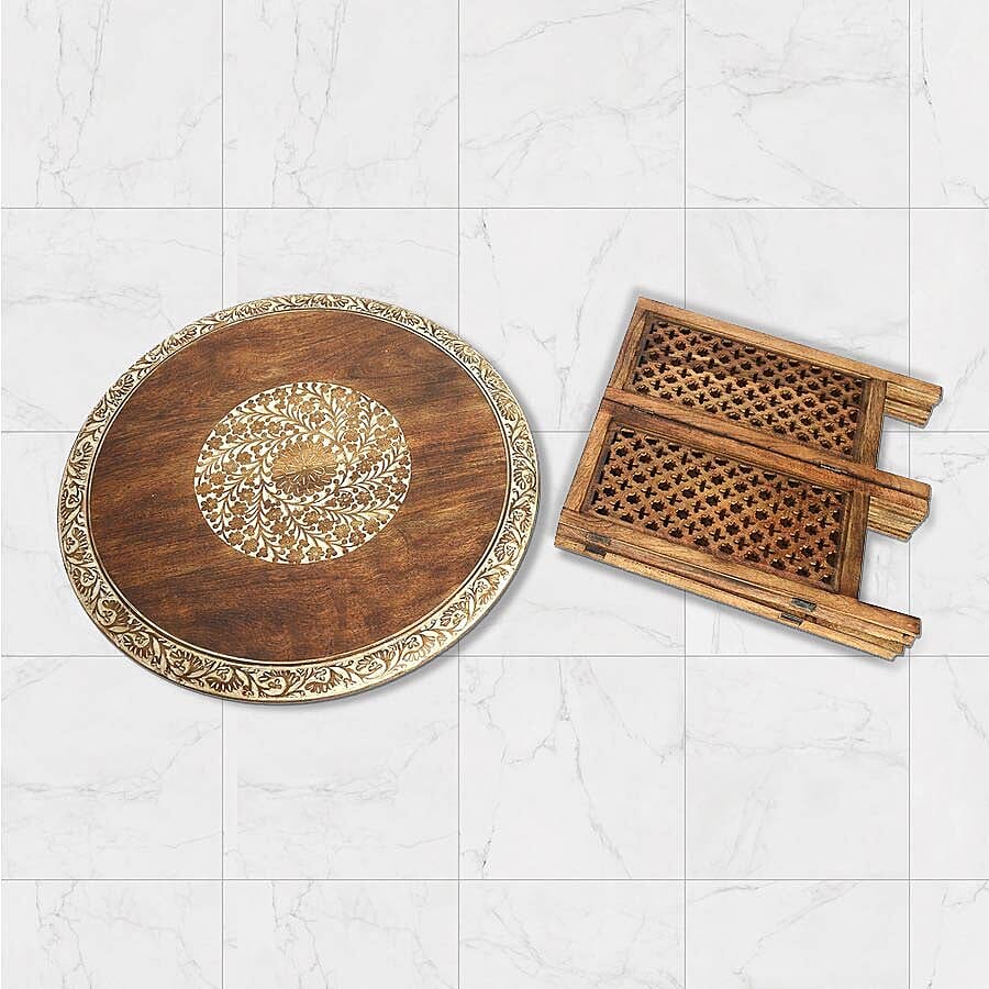 NAKKASHI - Hand Carved Solid Mango Wood Round Table in Natural Finish (Size 51x68 Cm) with Jali Knock Down Stand- Light Brown