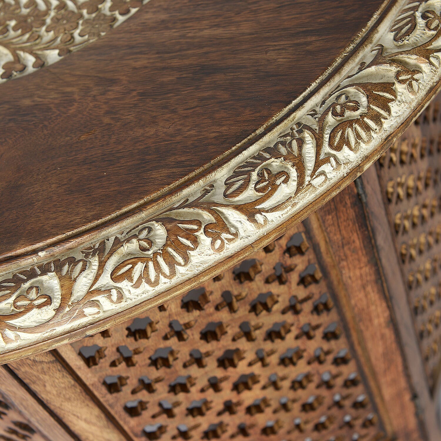 NAKKASHI - Hand Carved Solid Mango Wood Round Table in Natural Finish (Size 51x68 Cm) with Jali Knock Down Stand- Light Brown