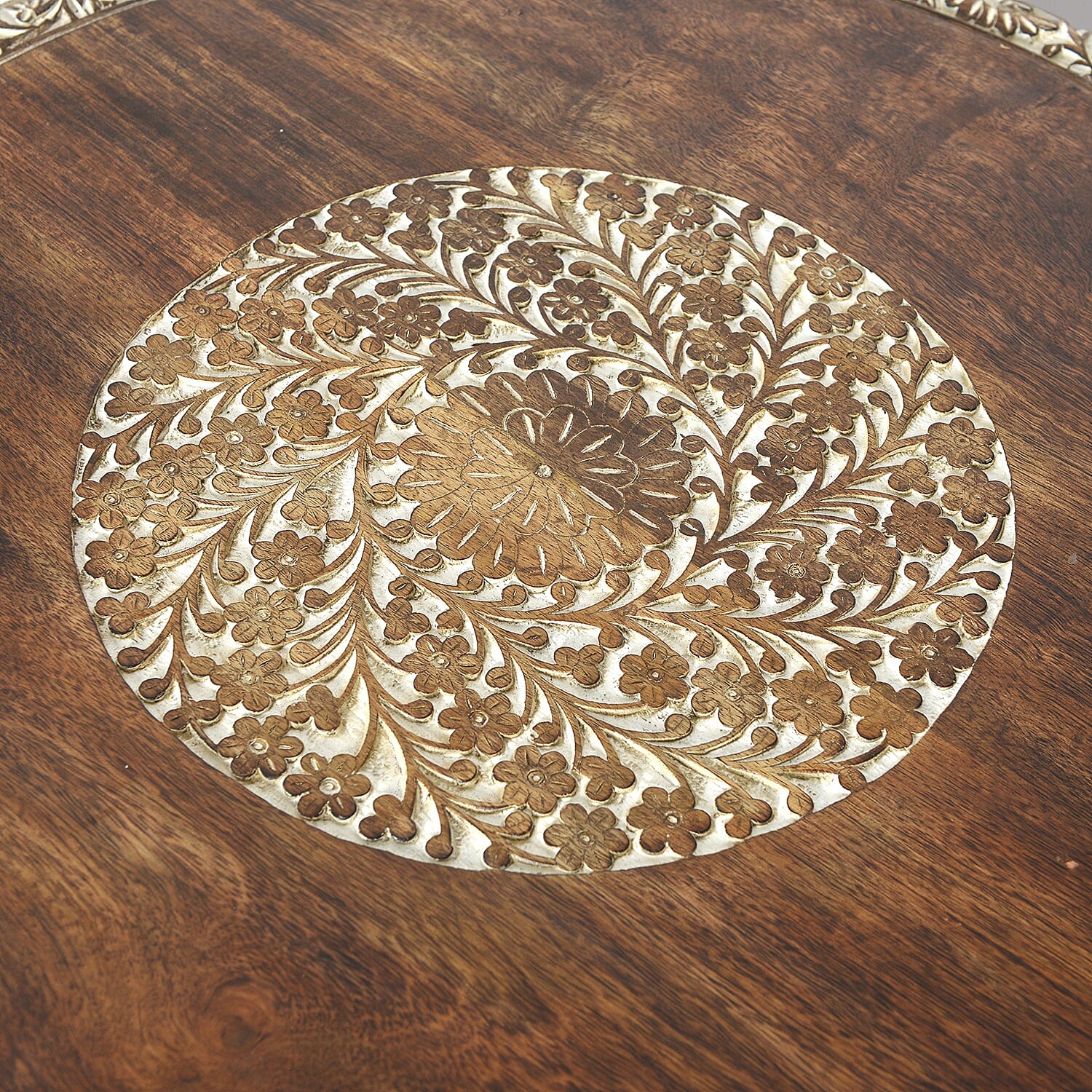 NAKKASHI - Hand Carved Solid Mango Wood Round Table in Natural Finish (Size 51x68 Cm) with Jali Knock Down Stand- Light Brown