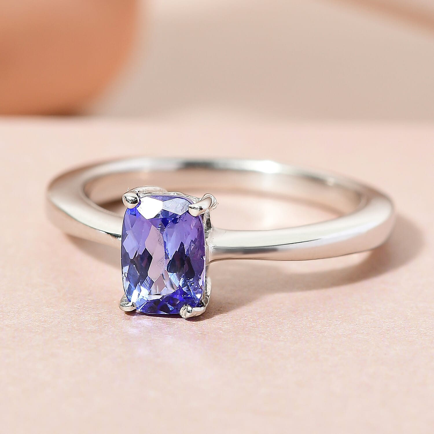 Tanzanite Solitaire Ring in Platinum Overlay Sterling Silver