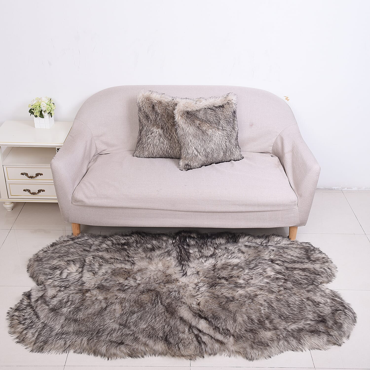 3 Piece Set - Long Pile Faux Fur Rug (100x180cm) with 2 Sofa Cushion Covers (45x45cm-2Pcs) - Grey
