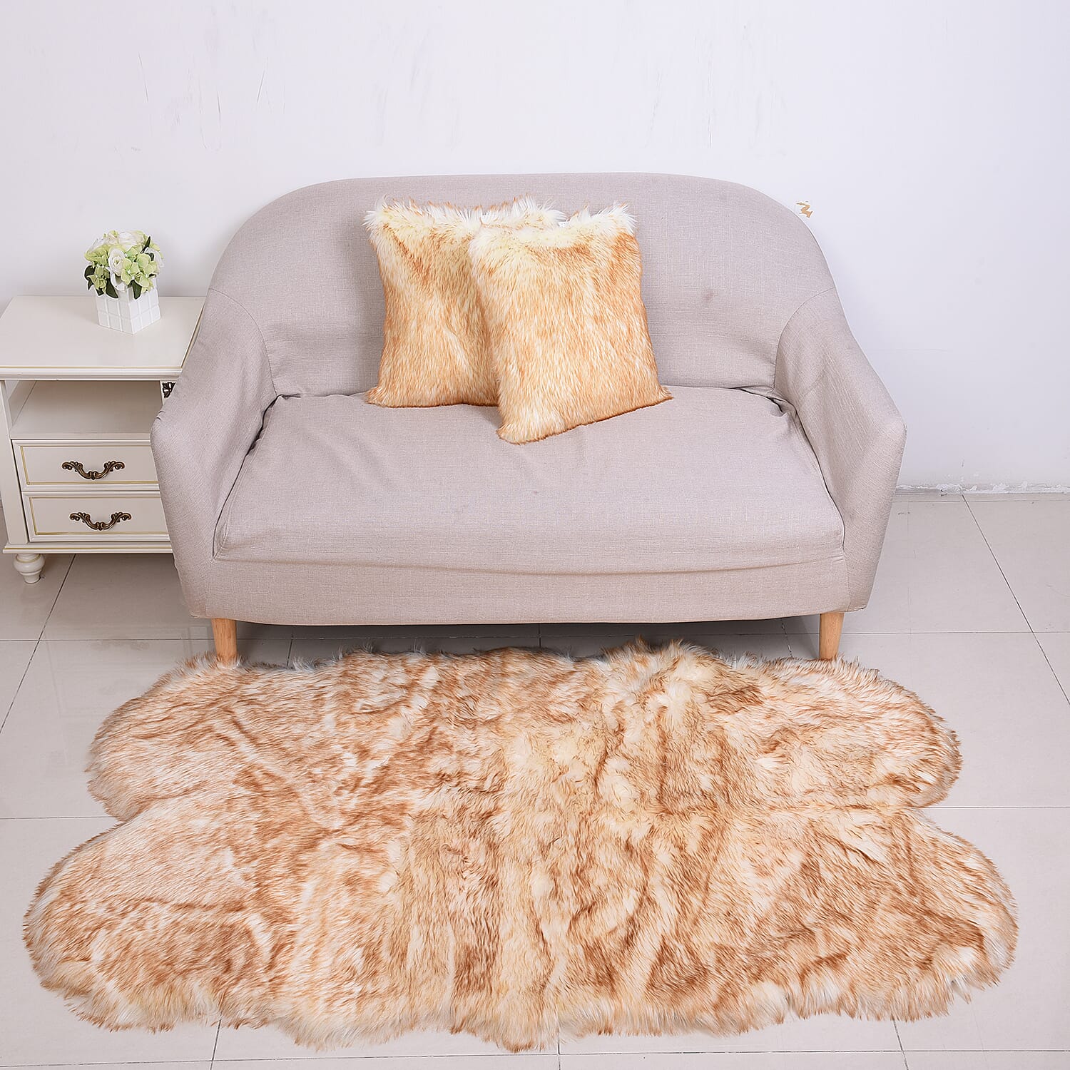 3 Piece Set - Tip-Dyed Long Pile Faux Fur Rug (100x180cm) with 2 Sofa Cushion Covers (45x45cm-2Pcs) - Beige Tip-Dyed