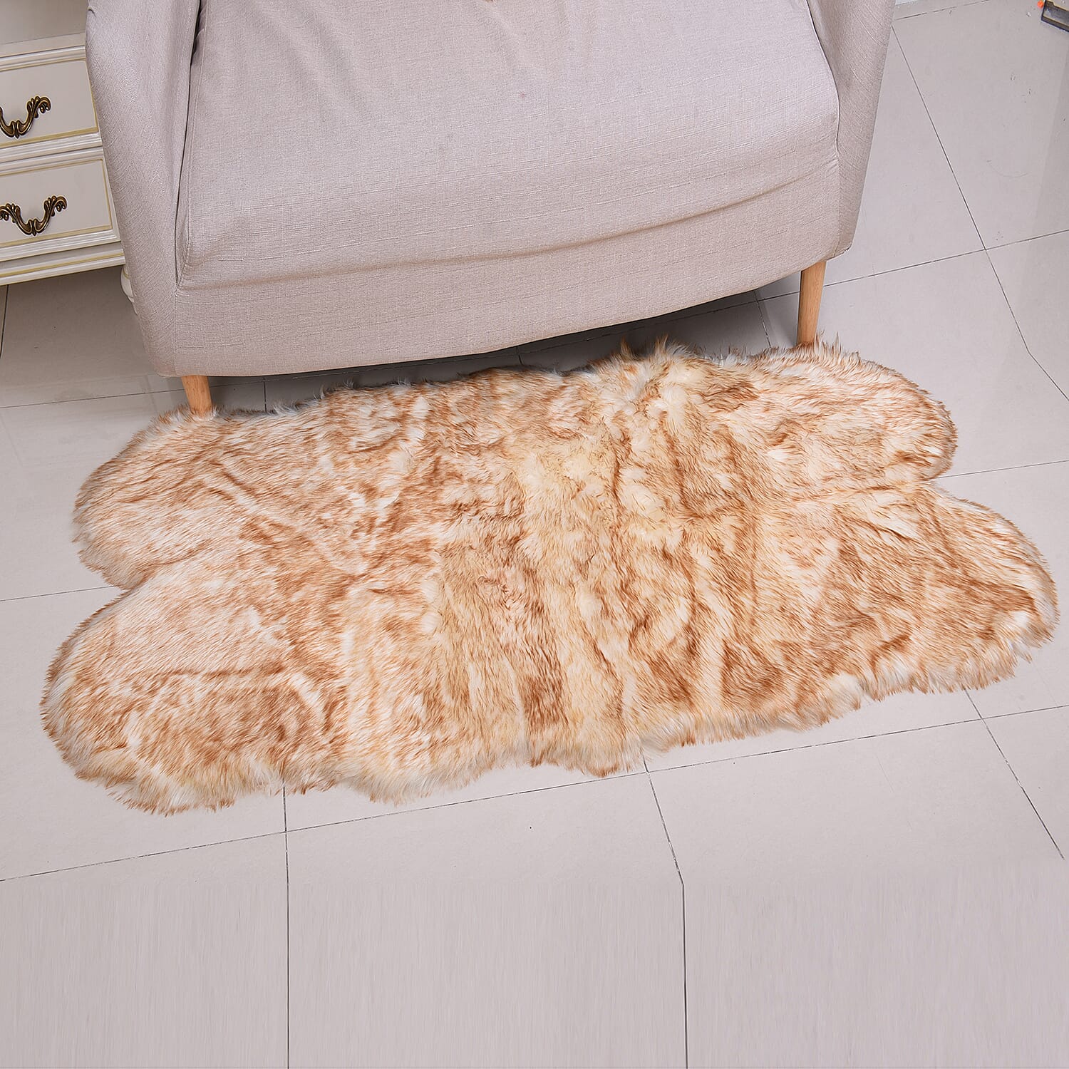 3 Piece Set - Tip-Dyed Long Pile Faux Fur Rug (100x180cm) with 2 Sofa Cushion Covers (45x45cm-2Pcs) - Beige Tip-Dyed