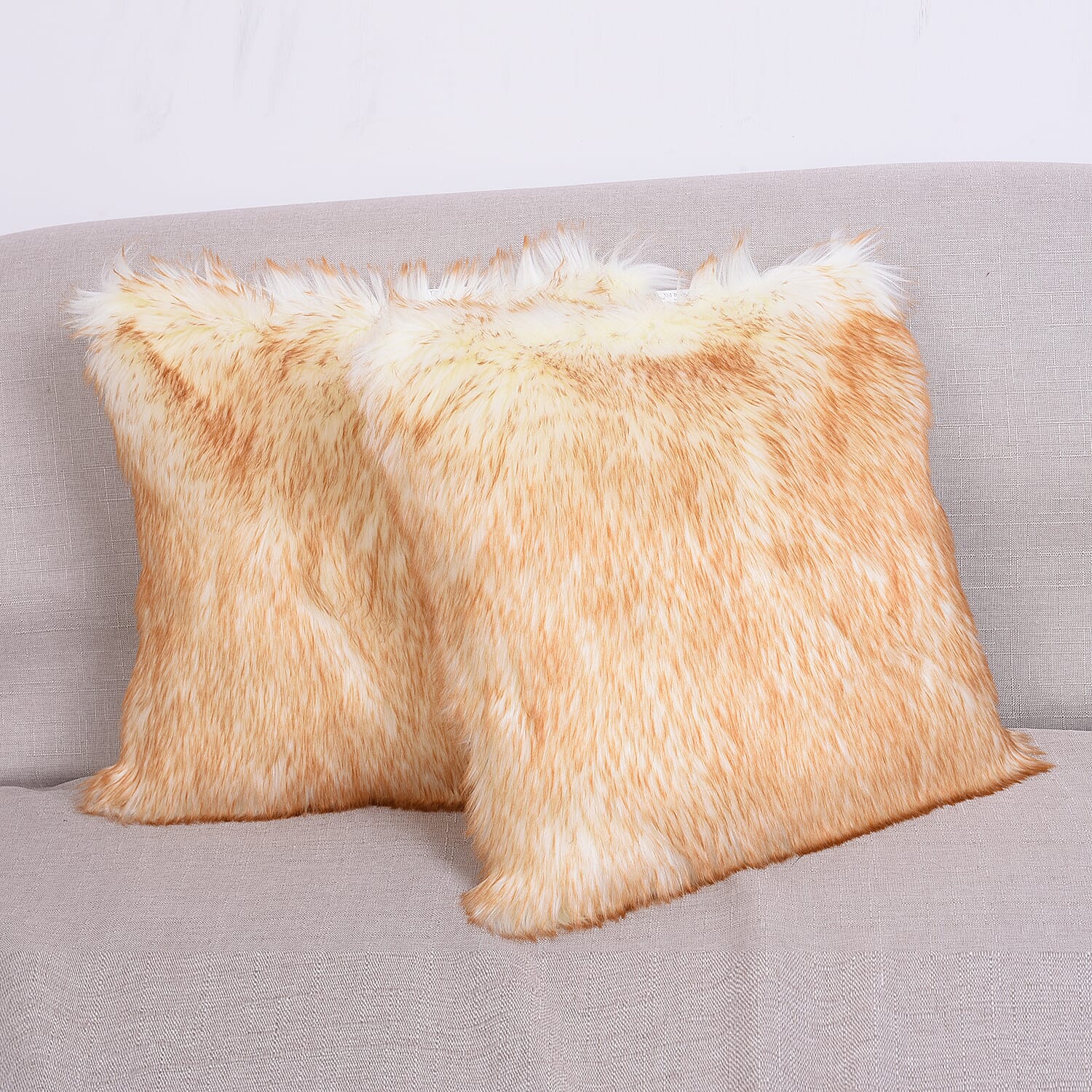 3 Piece Set - Tip-Dyed Long Pile Faux Fur Rug (100x180cm) with 2 Sofa Cushion Covers (45x45cm-2Pcs) - Beige Tip-Dyed