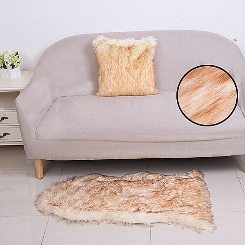 2 Piece Set - Faux Fur Small Carpet (100x60cm) with Cushion (45x45cm-1Pc) - Golden
