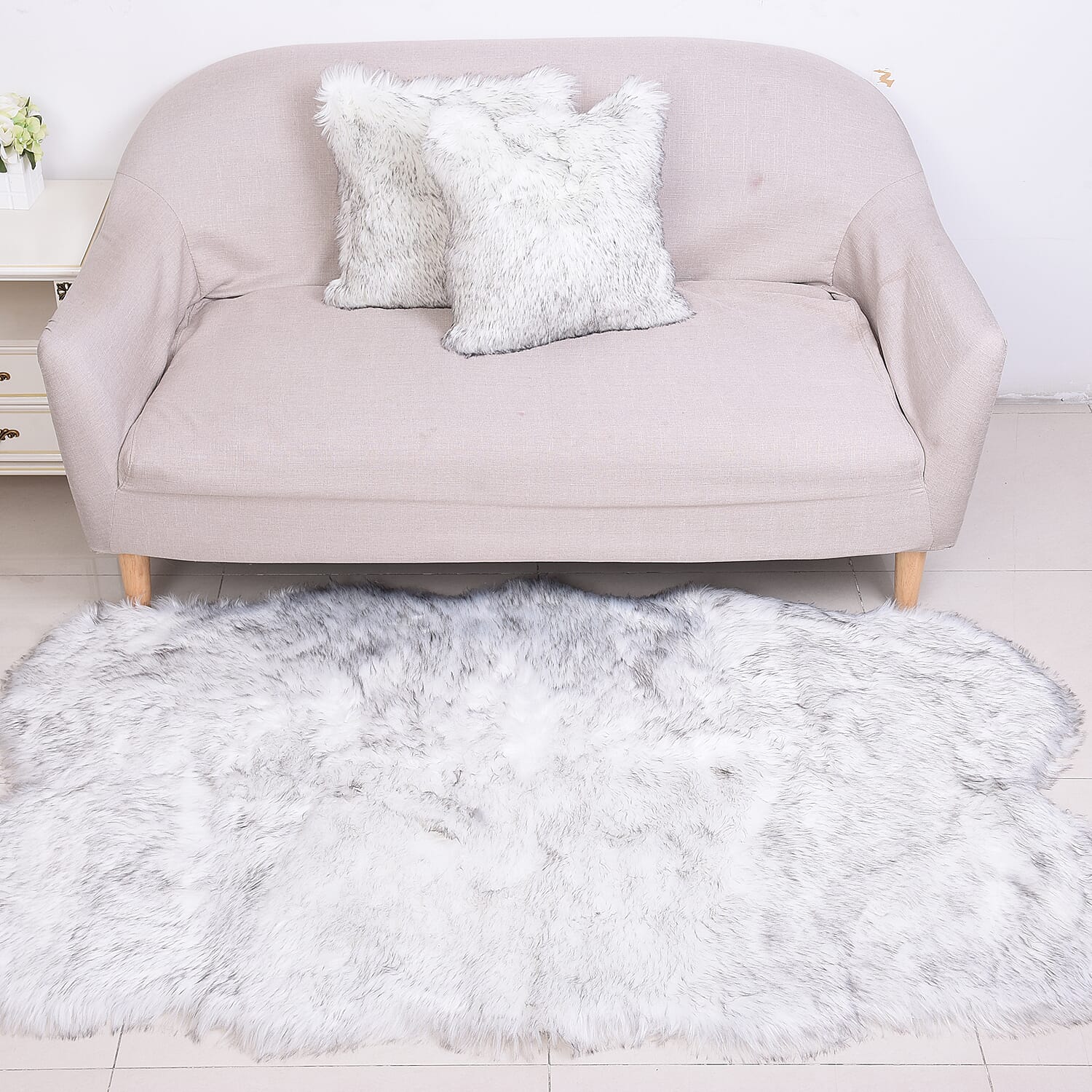 3 Piece Set - Long Pile Faux Fur Rug (100x180cm) with 2 Sofa Cushion Covers (45x45cm-2Pcs) - White