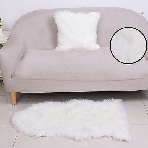 2 Piece Set - Faux Fur Small Carpet (100x60cm) with Cushion (45x45cm-1Pcs) - Ivory