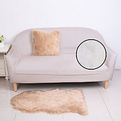 2 Piece Set - Faux Fur Small Rug (100x60cm) with Cushion (45x45cm-1Pc) - Beige