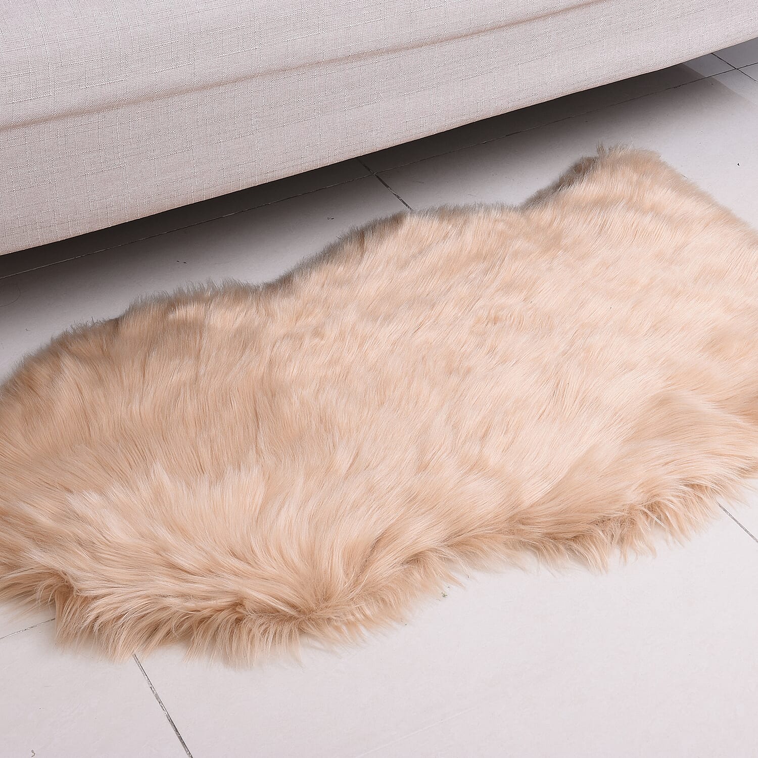 2 Piece Set - Faux Fur Small Rug (100x60cm) with Cushion (45x45cm-1Pc) - Beige