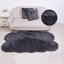 3 Piece Set- Long Pile Faux Fur Rug (100x180cm) with 2 Sofa Cushion Covers (45x45cm-2Pcs) - Charcoal