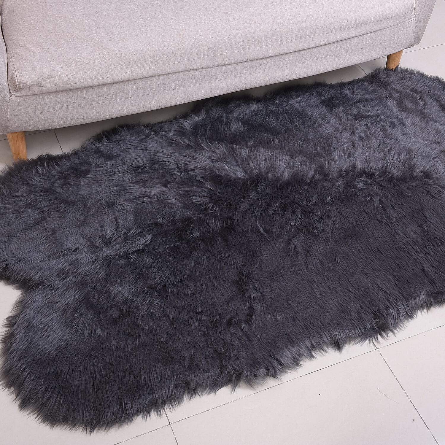 3 Piece Set- Long Pile Faux Fur Rug (100x180cm) with 2 Sofa Cushion Covers (45x45cm-2Pcs) - Charcoal