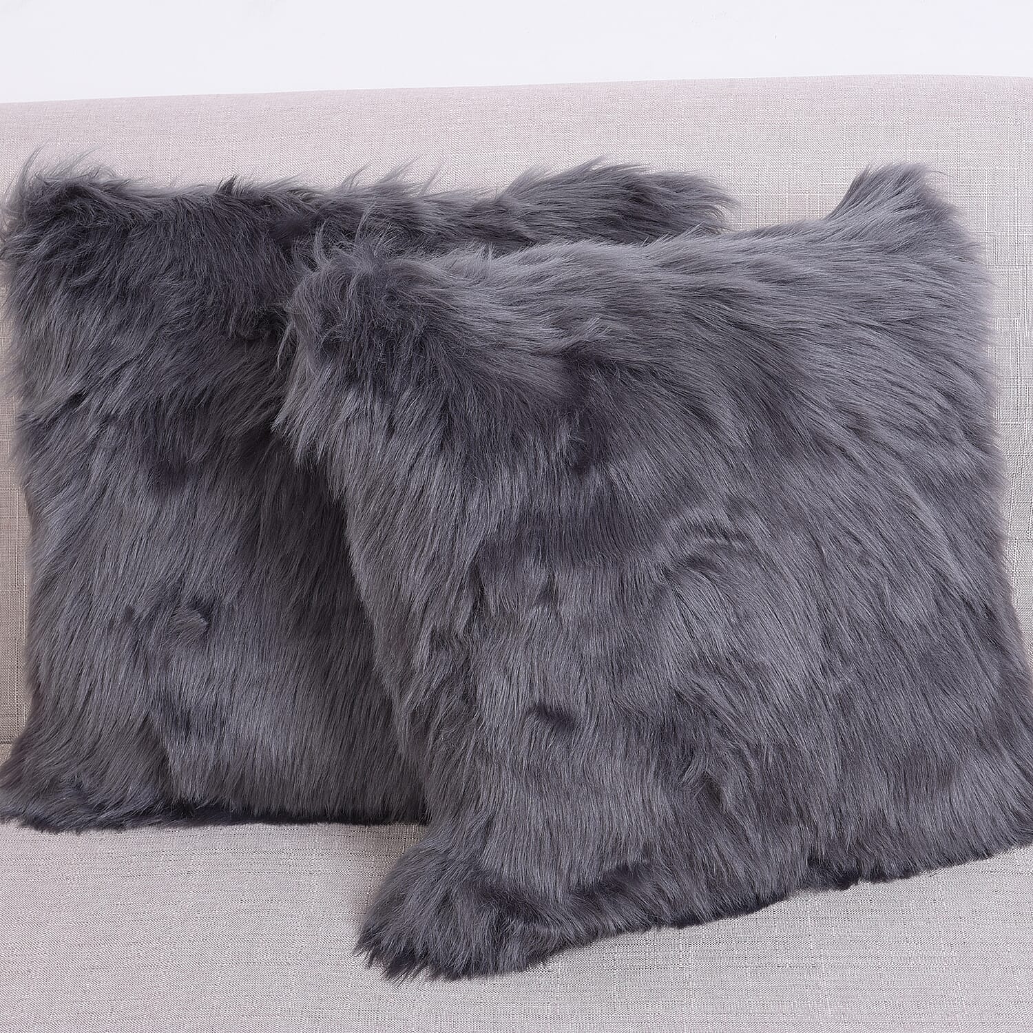 3 Piece Set- Long Pile Faux Fur Rug (100x180cm) with 2 Sofa Cushion Covers (45x45cm-2Pcs) - Charcoal