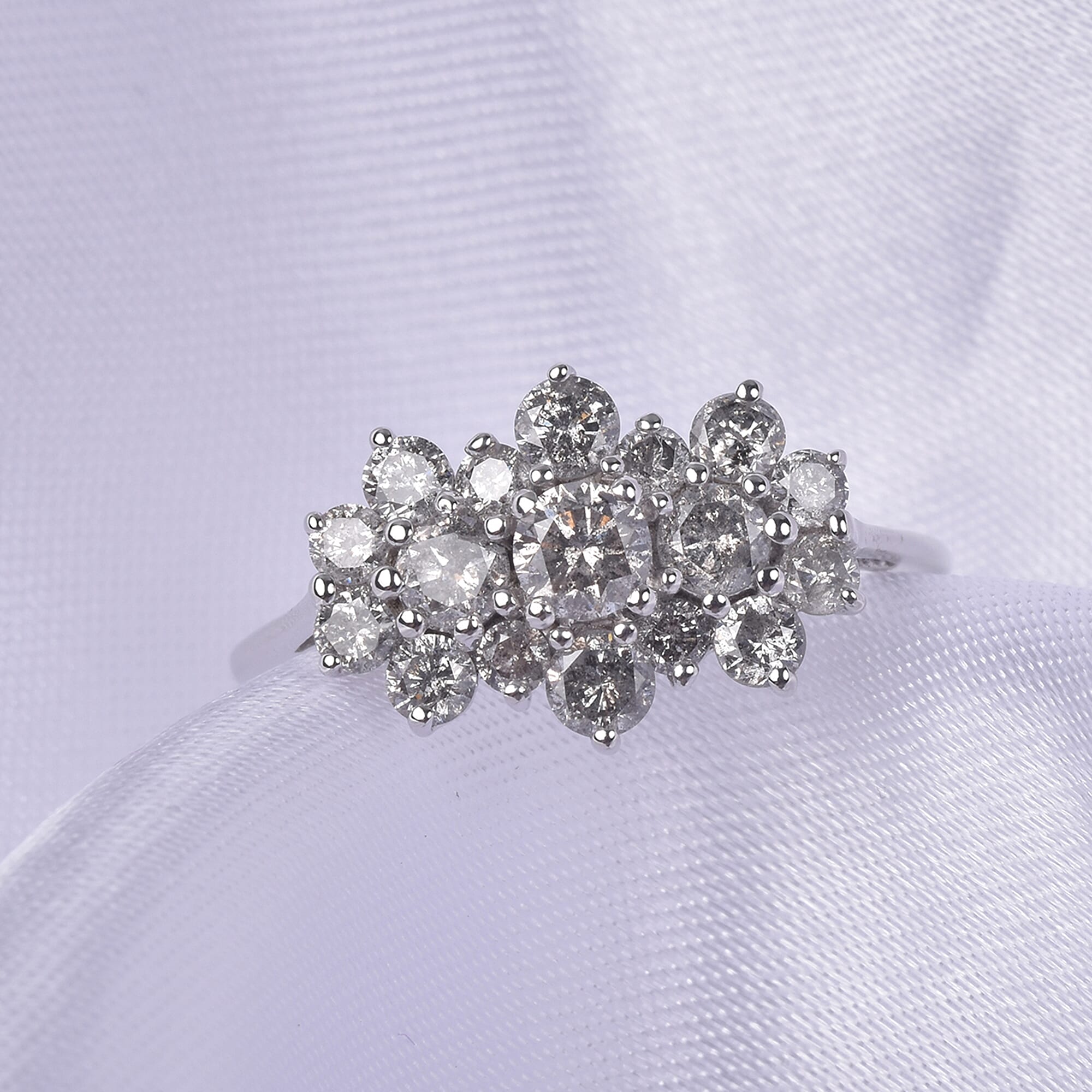 Limited Edition-9K White Gold SGL Certified Diamond (I3-G-H) Cluster Boat Ring 1.000 Ct.