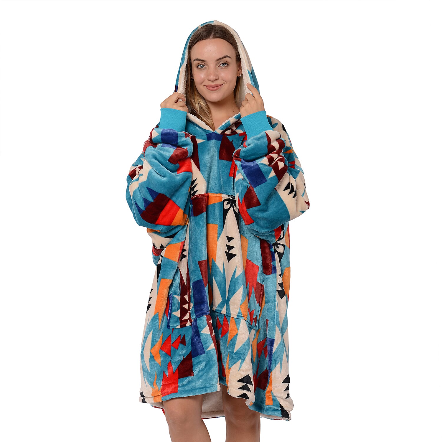 Santa Fe Collection - Flannel Sherpa Hooded Sweatshirt (Size 85x90cm) - Sky Blue, Cream