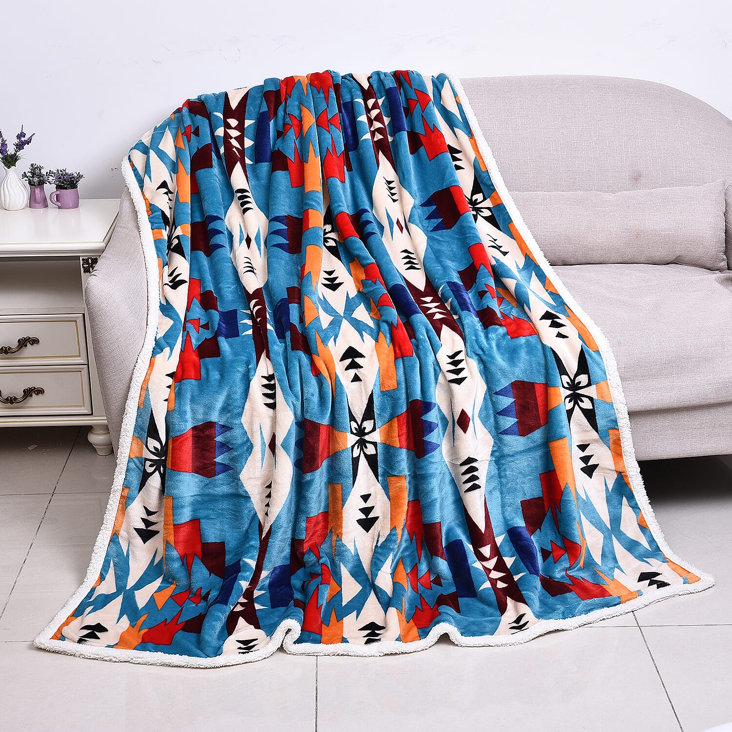 Santa Fe Collection - Flannel Sherpa Blanket (200x150cm) - Sky Blue -  Oeko Tex Certified - 220 GSM Sherpa - 270 GSM Flannel