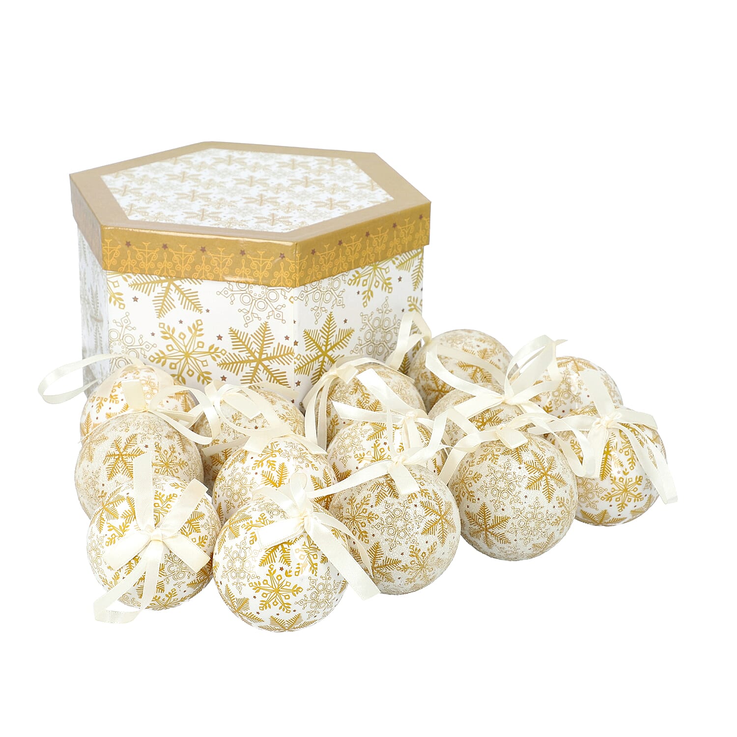 Set of 14 Christmas Decoration Snowflake Pattern Balls with Ribbon in Gift Box