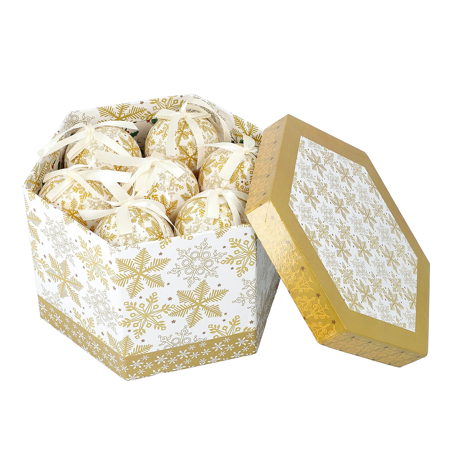 Set of 14 Christmas Decoration Snowflake Pattern Balls with Ribbon in Gift Box