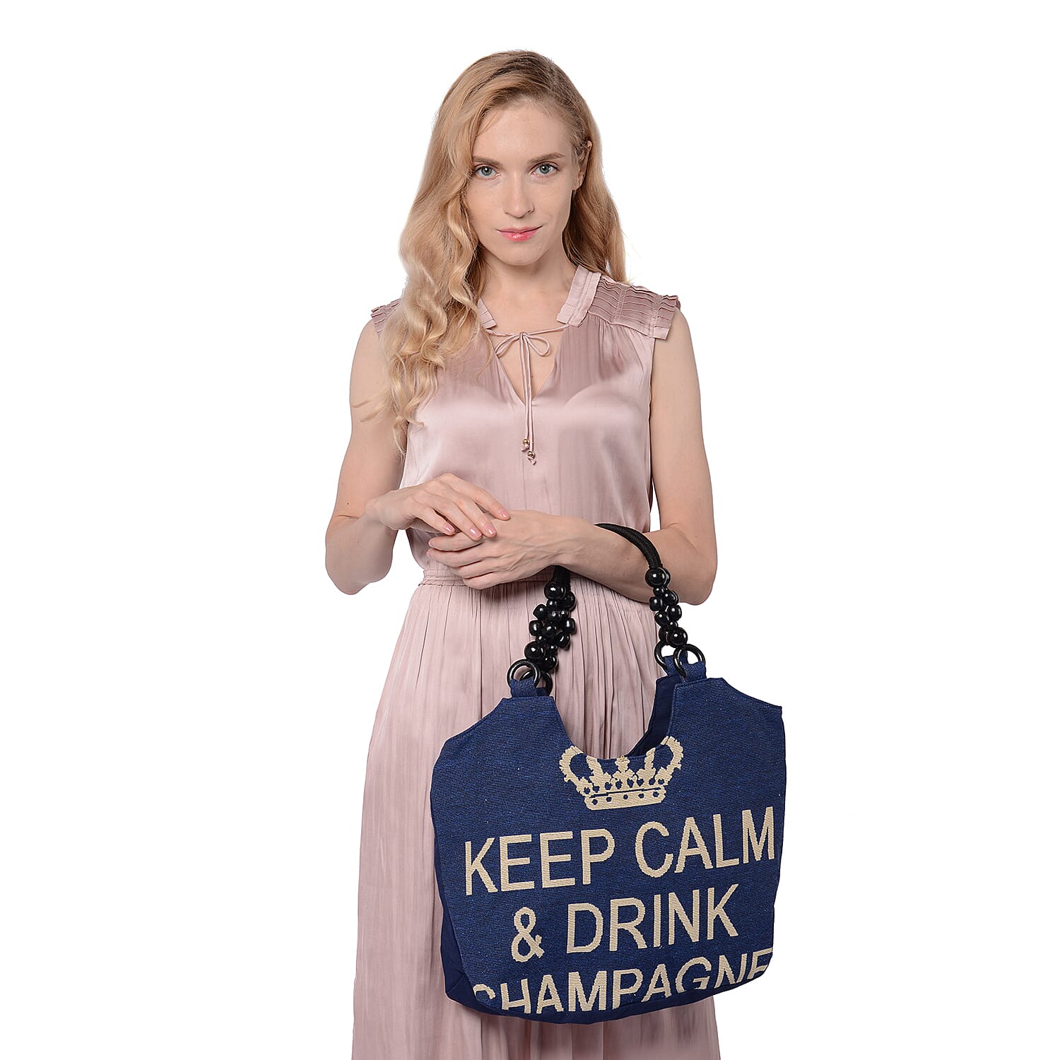 Keep Calm Quote Pattern Jute Handbag (38x11x29cm) - Navy