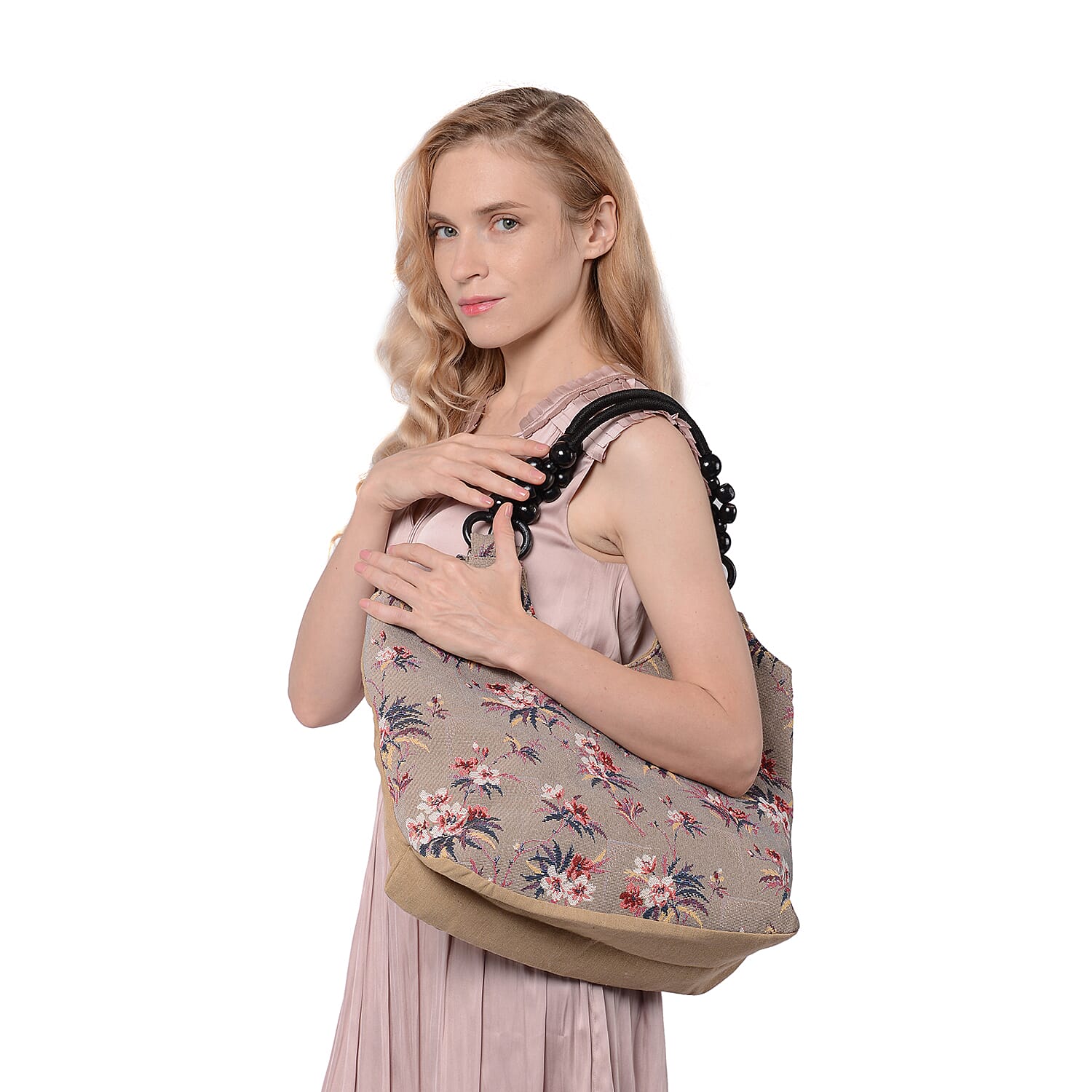 Blooming Flower Pattern Jute Handbag (38x11x29cm) - Khaki