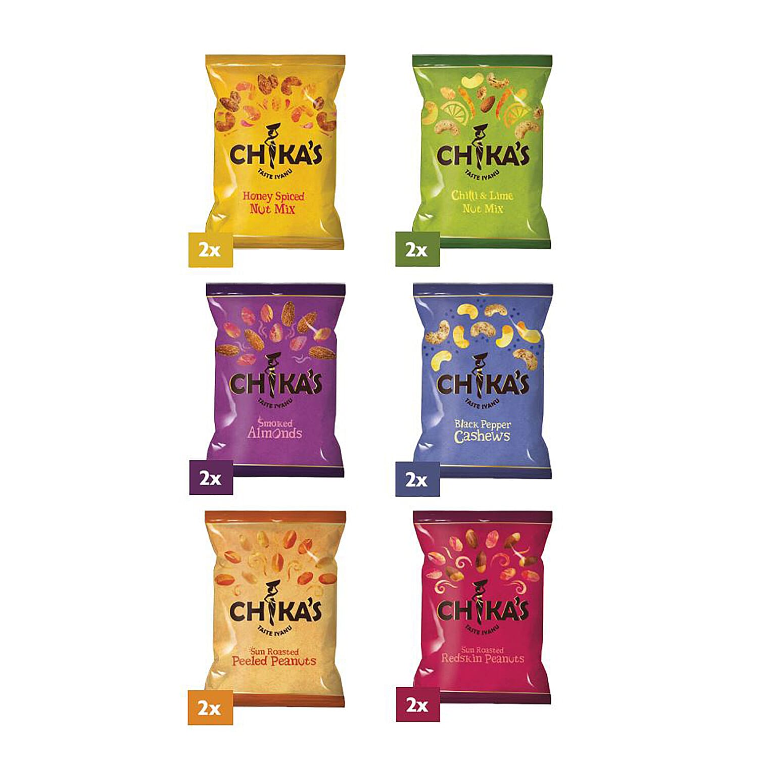 CHIKAS High Protein Box 12 x 41g Nuts Bundle (3 x Smoked Almonds, 3 x Honey Spiced Nut Mix, 3 x Chilli and Lime Nut Mix, 3 x Sea Salt Black Pepper Cashews)