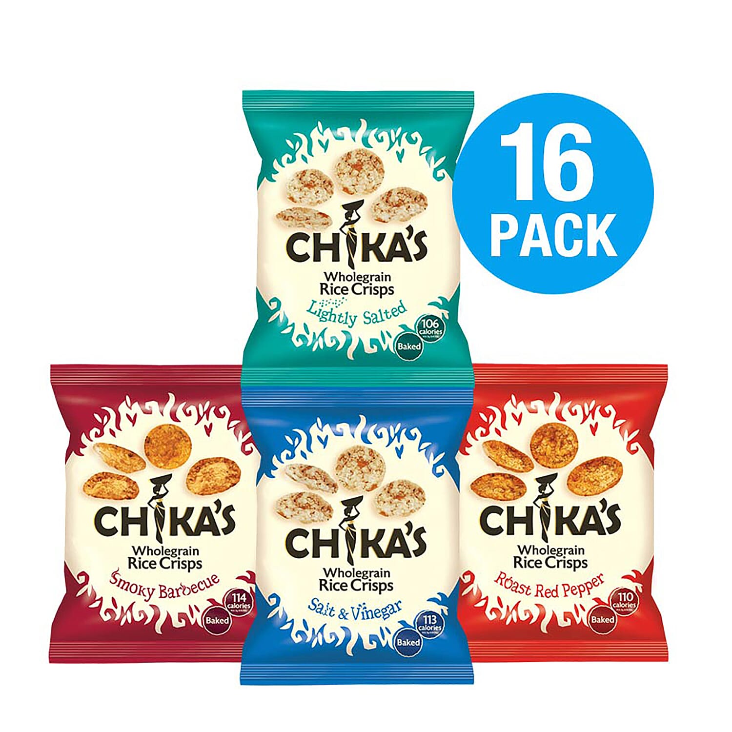 CHIKAS Rice Crisps 16 Pack (4 x Packets Smoky BBQ Rice Crisps, 4 x Packets Red Roast Pepper, 4 x Packets Salt & Vinegar, 4 x Packets Ready Salted), 16 x 25g