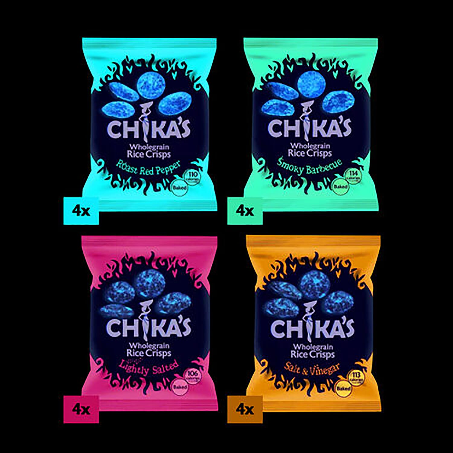 CHIKAS Rice Crisps 16 Pack (4 x Packets Smoky BBQ Rice Crisps, 4 x Packets Red Roast Pepper, 4 x Packets Salt & Vinegar, 4 x Packets Ready Salted), 16 x 25g