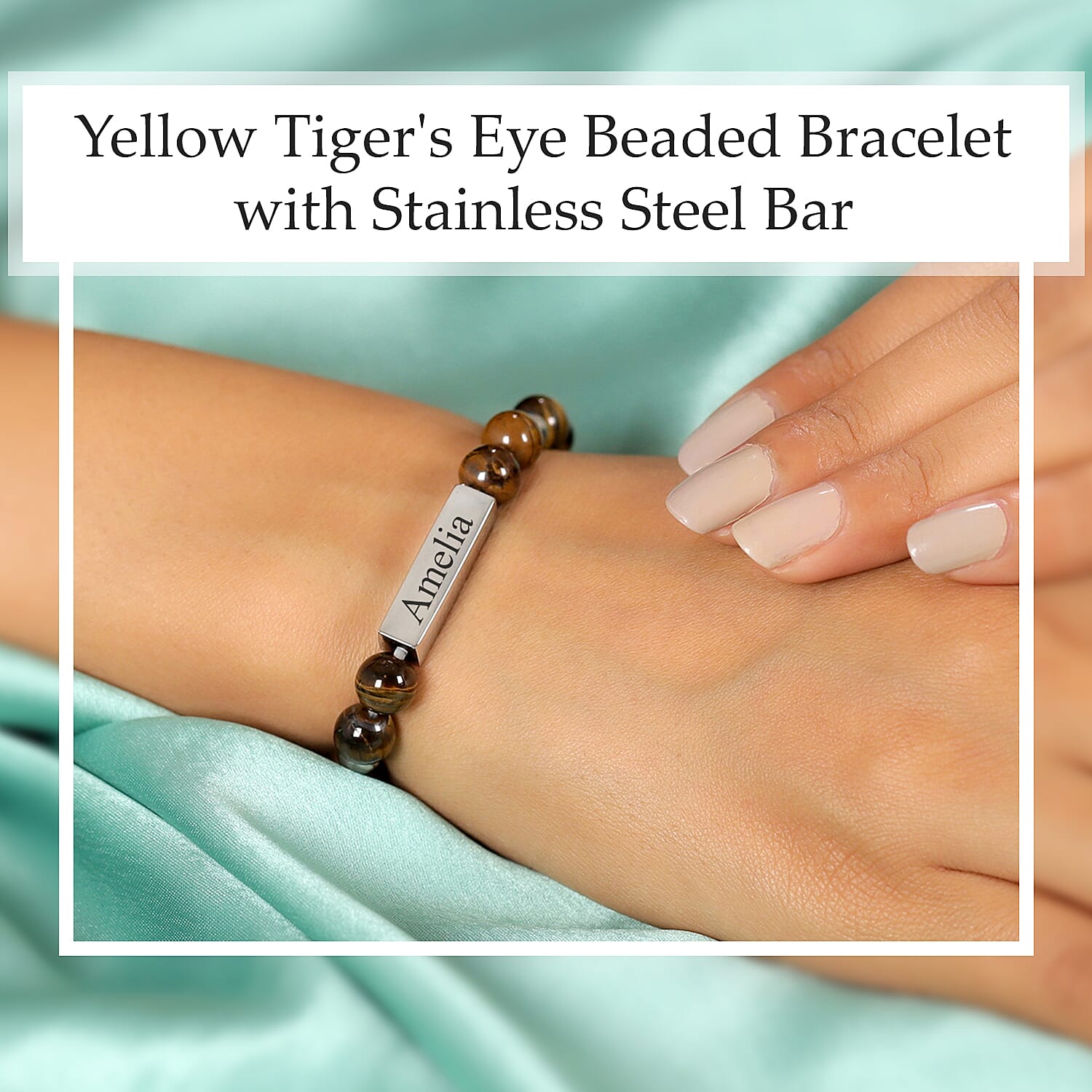 Yellow Tigers Eye Beaded Stretchable Bracelet (Size - 7-7.5) with Stainless Steel Bar 98.00 Ct.