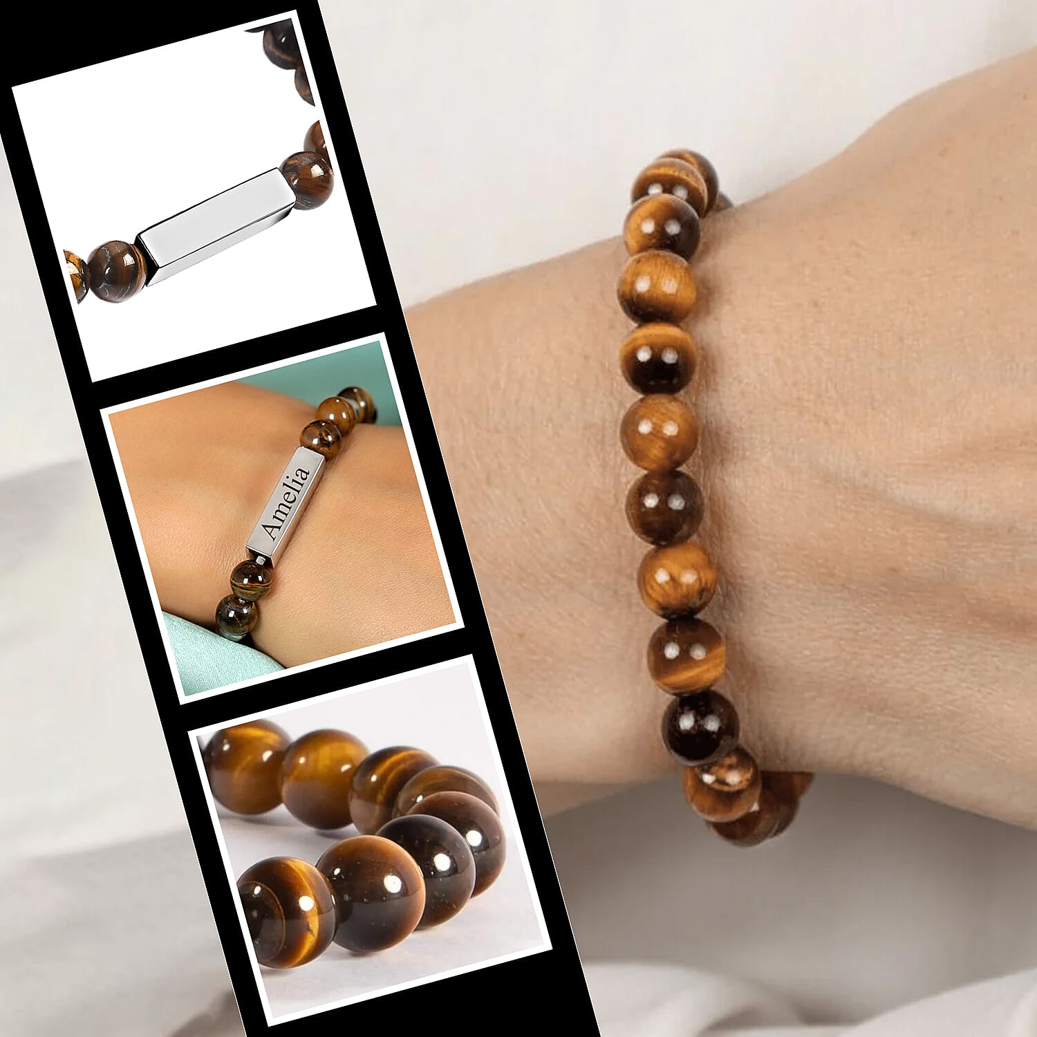 Yellow Tigers Eye Beaded Stretchable Bracelet (Size - 7-7.5) with Stainless Steel Bar 98.00 Ct.