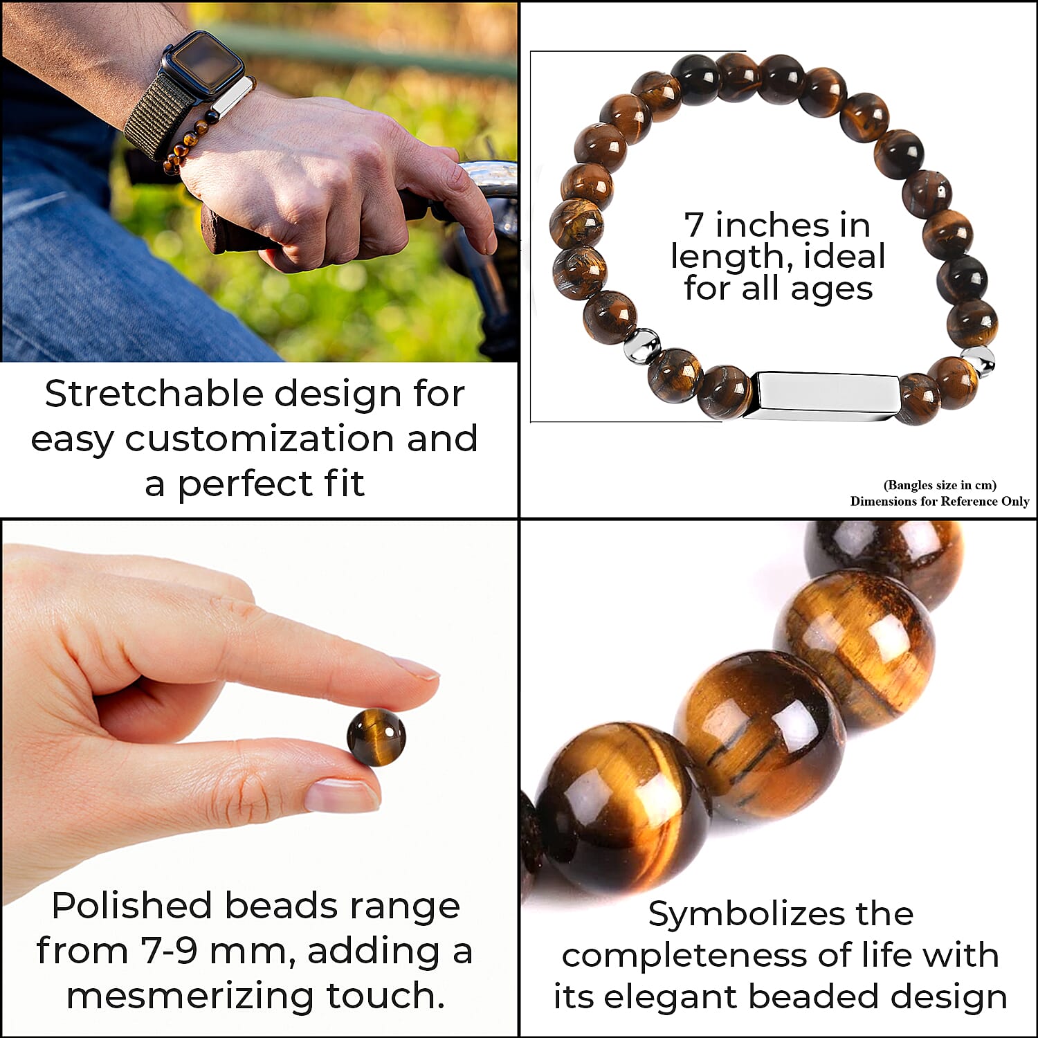 Yellow Tigers Eye Beaded Stretchable Bracelet (Size - 7-7.5) with Stainless Steel Bar 98.00 Ct.