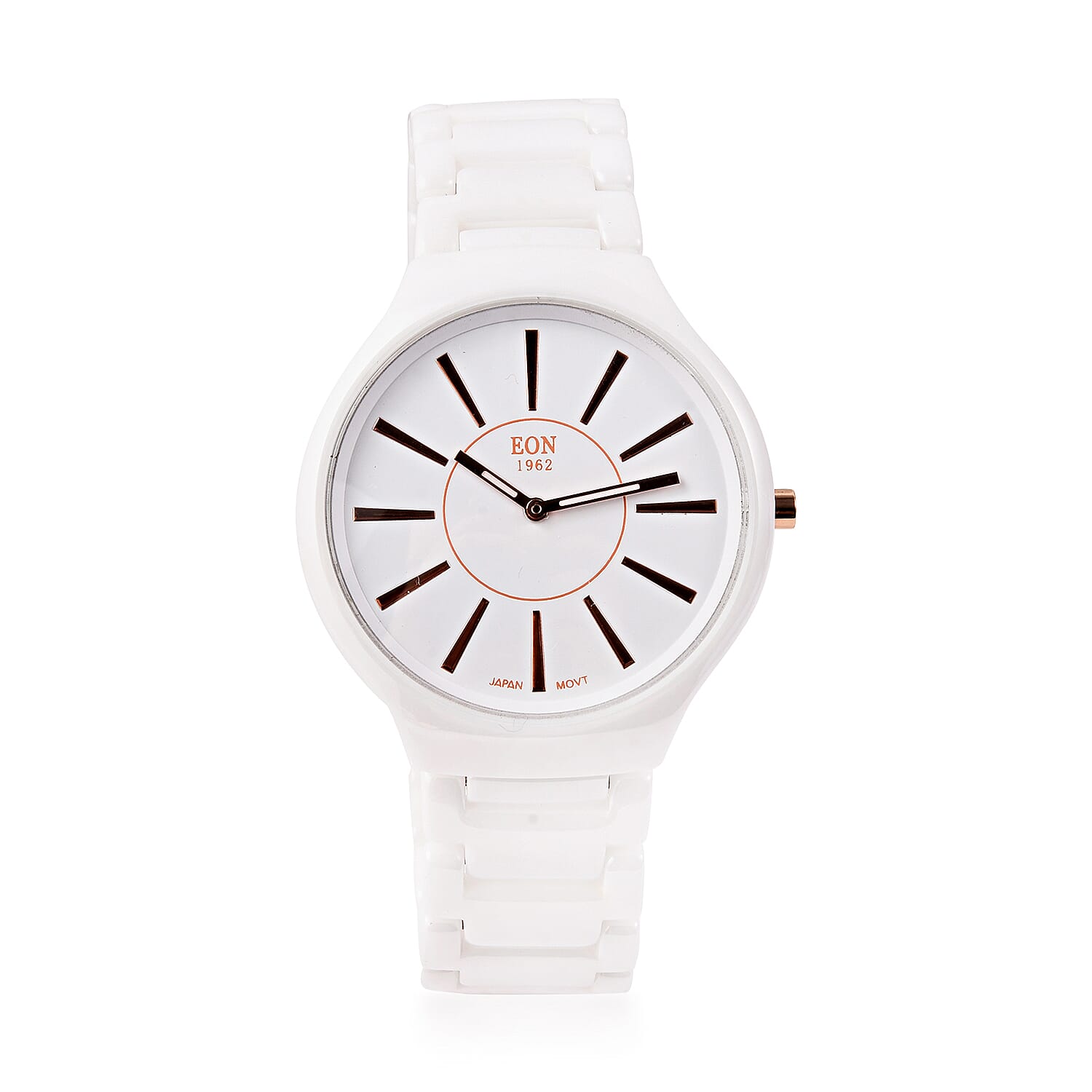 EON 1962 3ATM Water Resistant Watch in Stainless Steel with White Ceramic Chain Strap and Butterfly Buckle