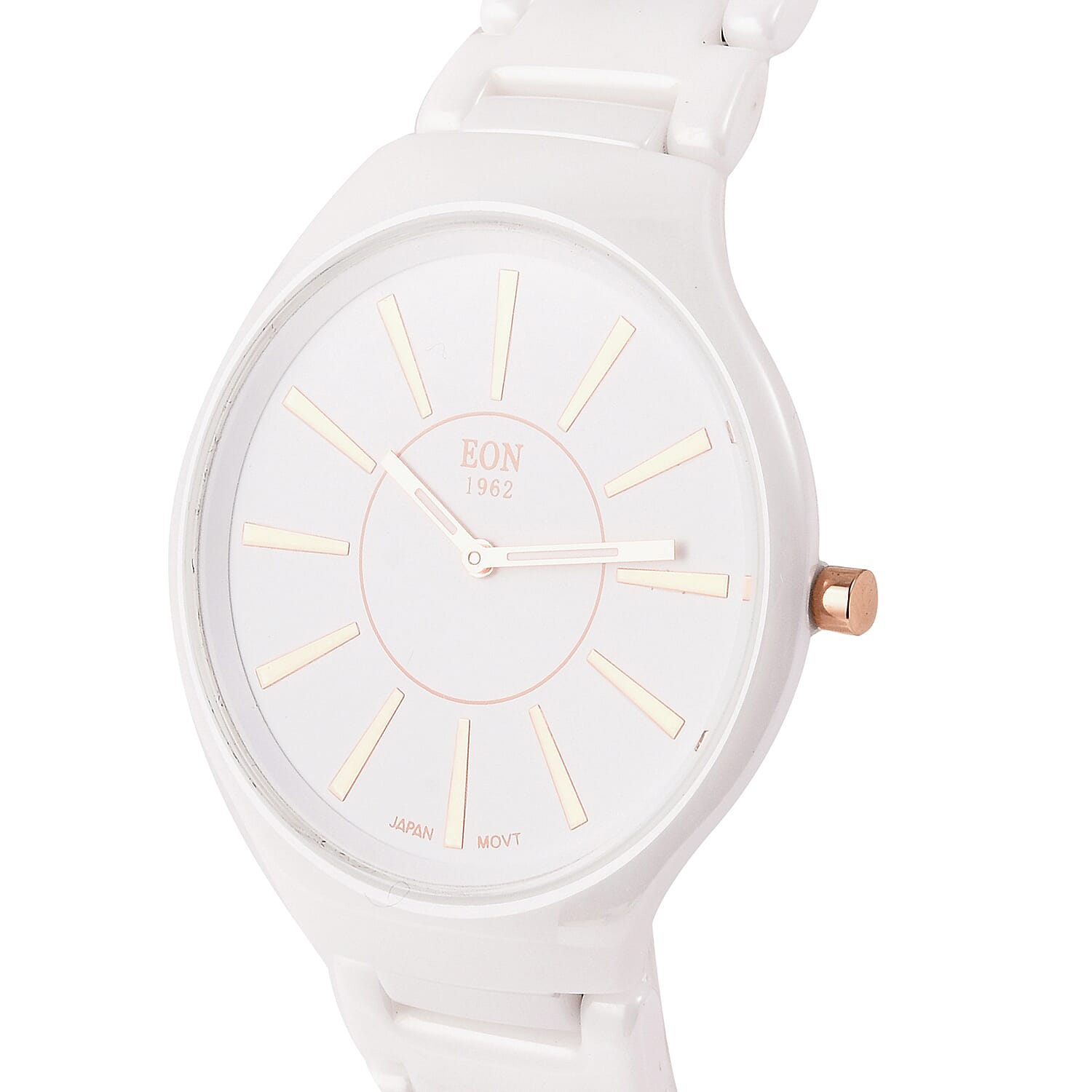 EON 1962 3ATM Water Resistant Watch in Stainless Steel with White Ceramic Chain Strap and Butterfly Buckle