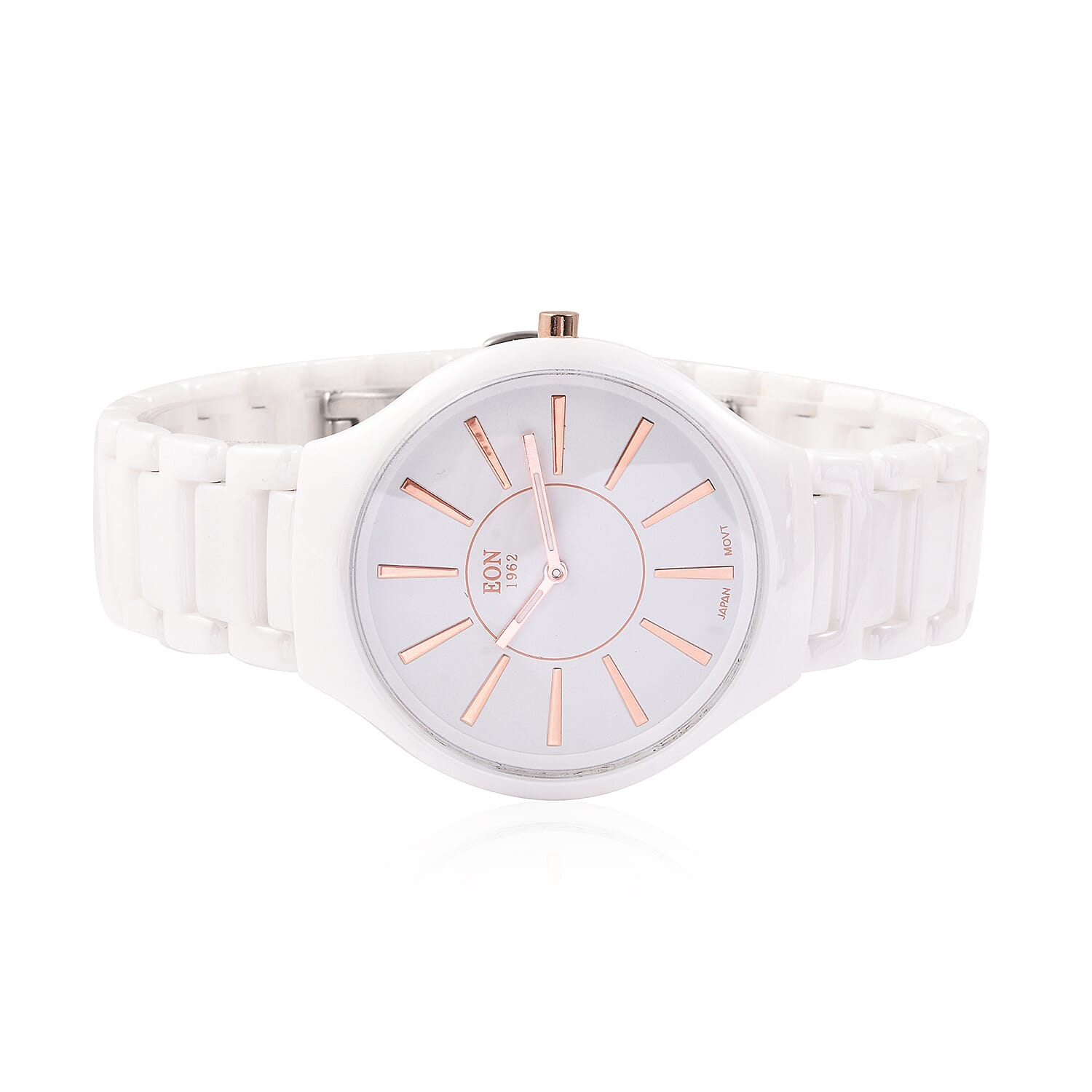 EON 1962 3ATM Water Resistant Watch in Stainless Steel with White Ceramic Chain Strap and Butterfly Buckle