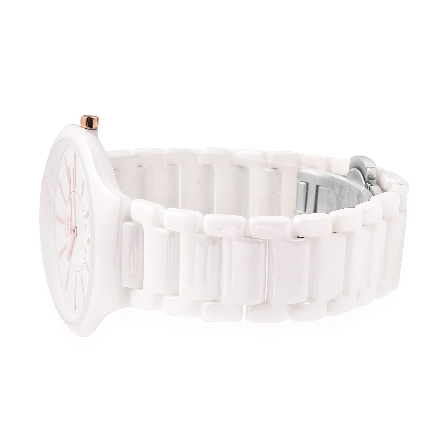 EON 1962 3ATM Water Resistant Watch in Stainless Steel with White Ceramic Chain Strap and Butterfly Buckle