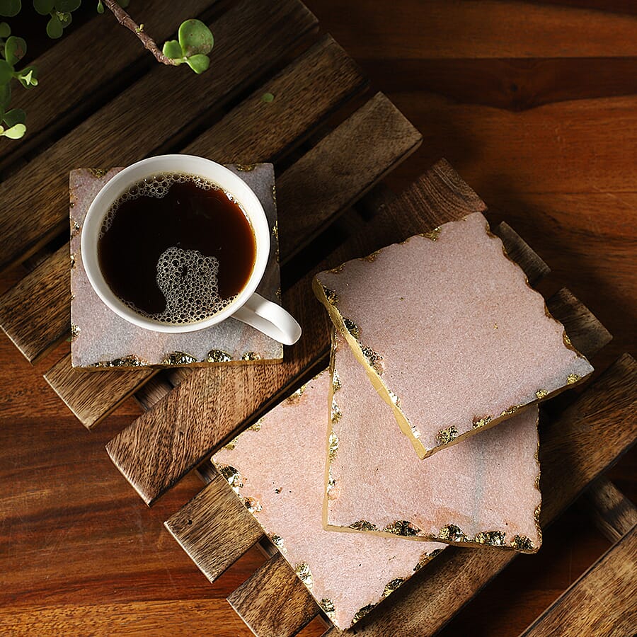 Handcrafted Set of 4 Square Shaped Marble Coasters (Size 10cm) - Pink