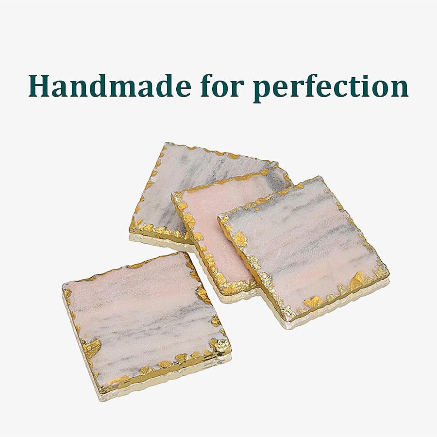 Handcrafted Set of 4 Square Shaped Marble Coasters (Size 10cm) - Pink