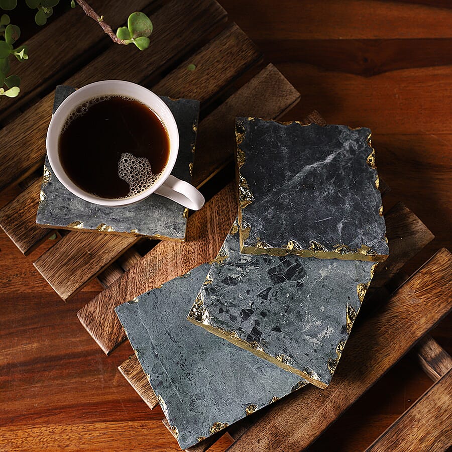 NAKKASHI - Set of 4 - Square Shaped Marble Coasters (Size 10cm) - Green