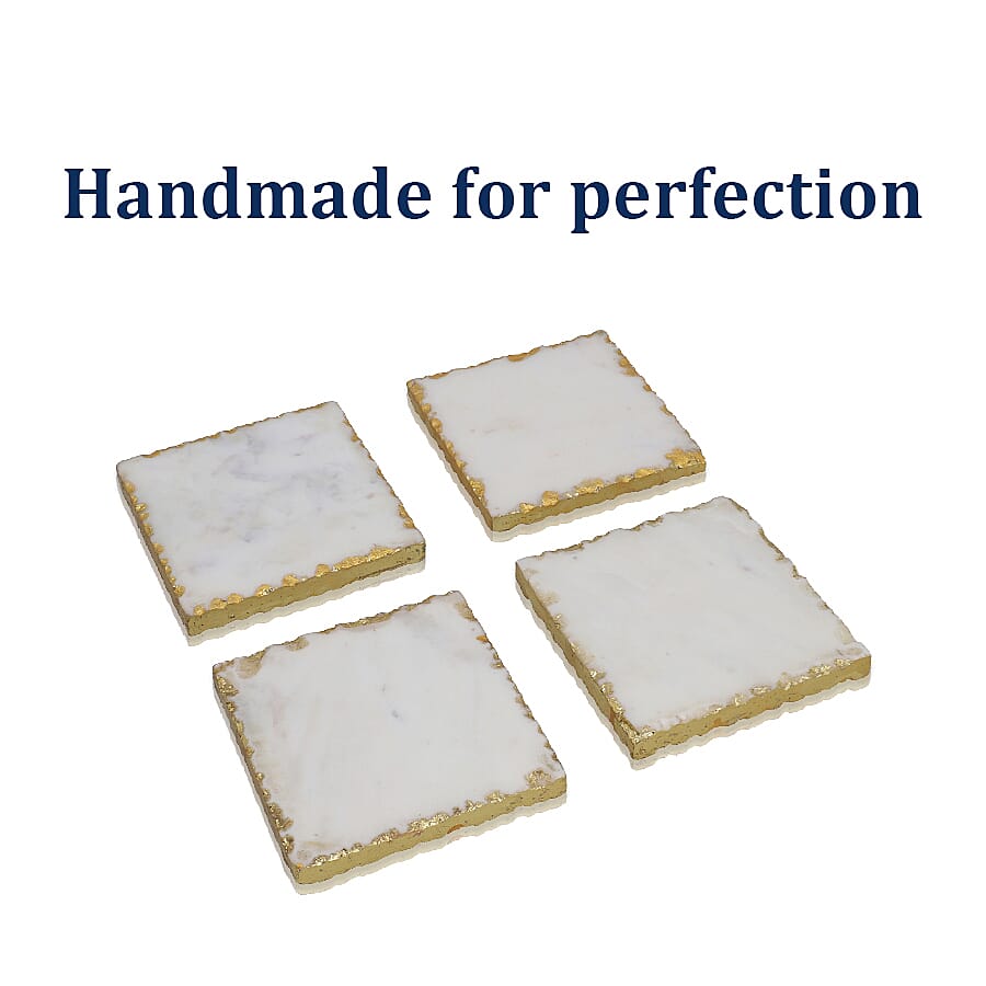 NAKKASHI - Set of 4 - Square Shaped Marble Coasters (Size 10cm) - White