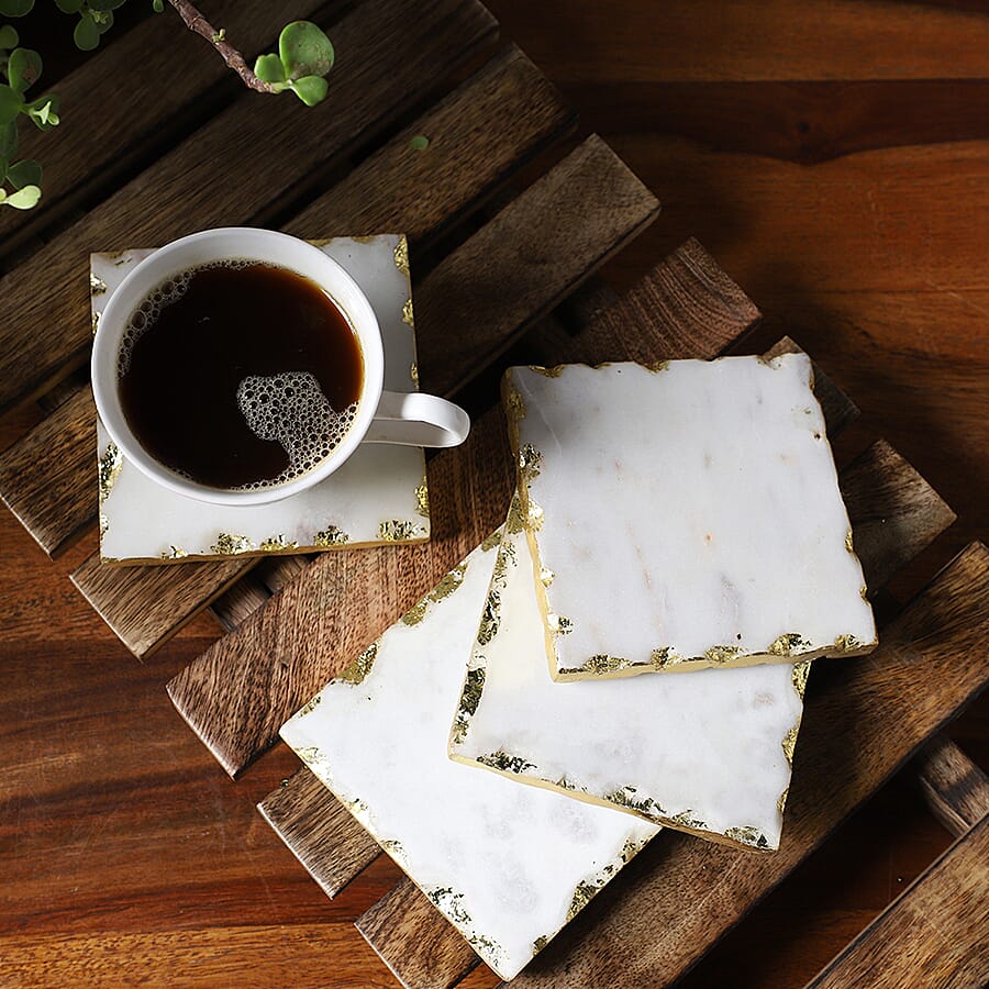 NAKKASHI - Set of 4 - Square Shaped Marble Coasters (Size 10cm) - White