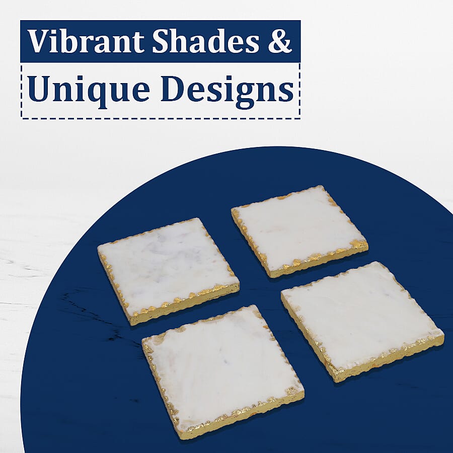 NAKKASHI - Set of 4 - Square Shaped Marble Coasters (Size 10cm) - White