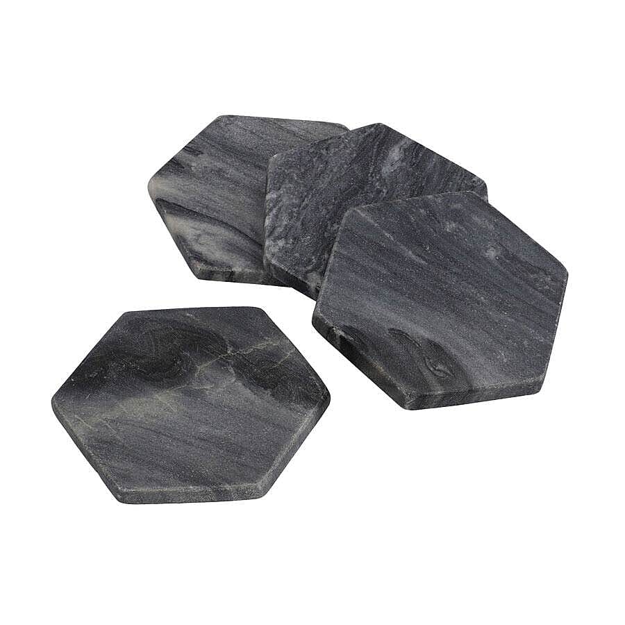 Set of 4 - Hexagon Shaped Marble Coasters (Size 10x10cm) - Grey